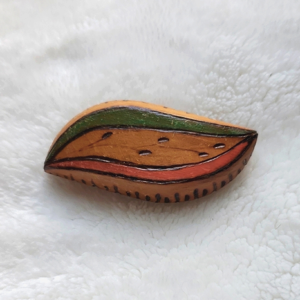 Vintage Carved Wooden Leaf Brooch OOAK